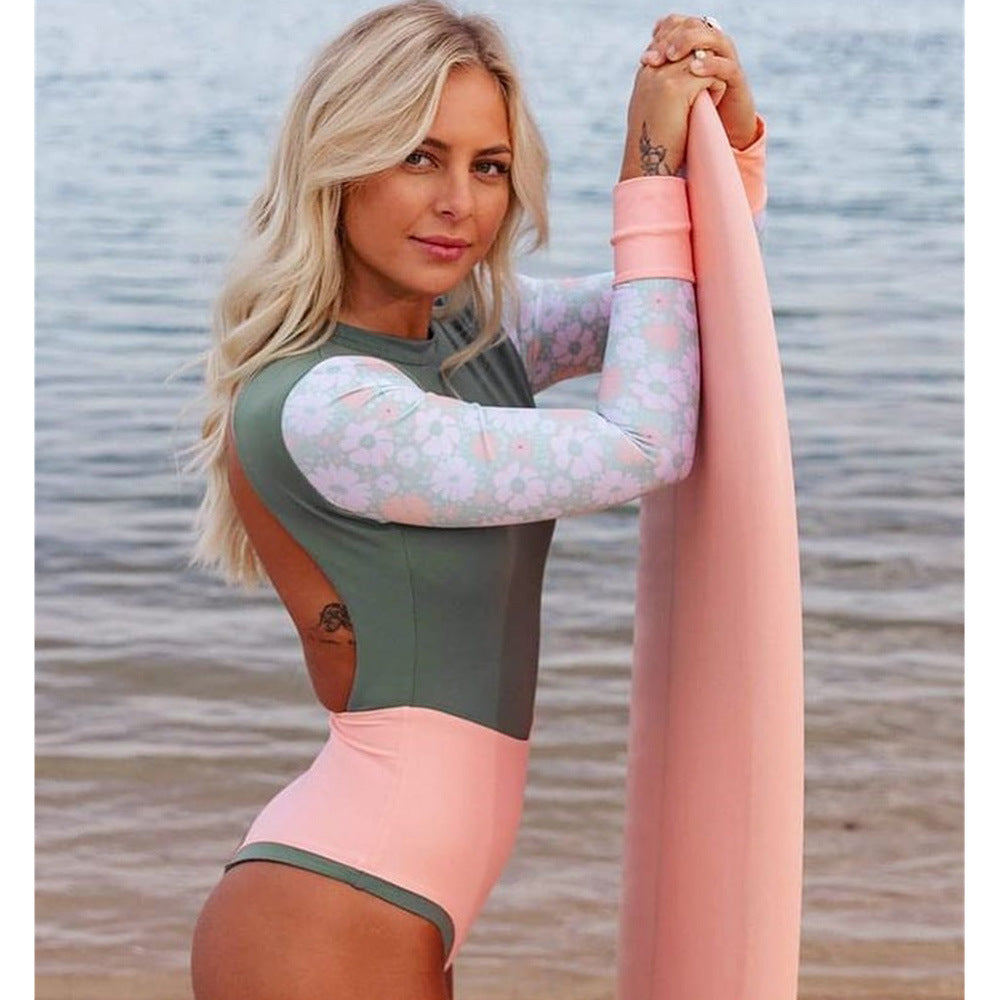 Long Sleeve  Back Sexy Surfwear One Piece Swimsuit