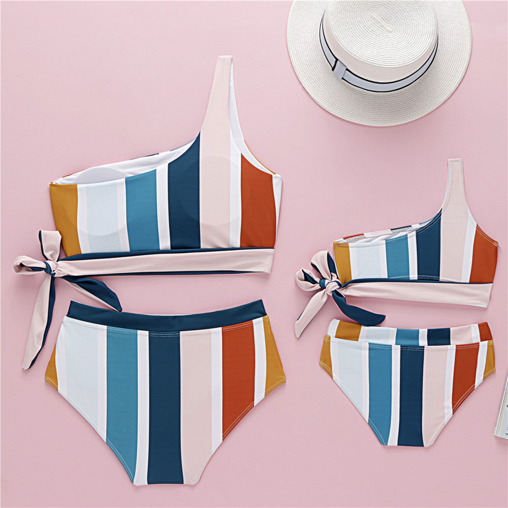 
                      
                        One-shoulder striped Mother & Daughter bikini
                      
                    