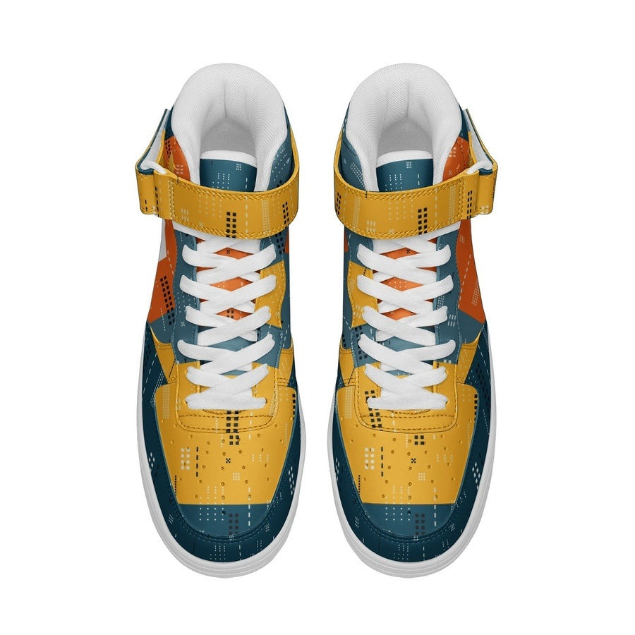 Unisex leather sneakers featuring yellow and blue hues with vibrant orange laces