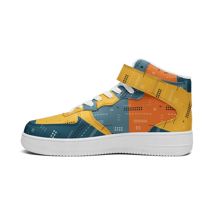 Close-up of the colorful geometric pattern on unisex leather sneakers