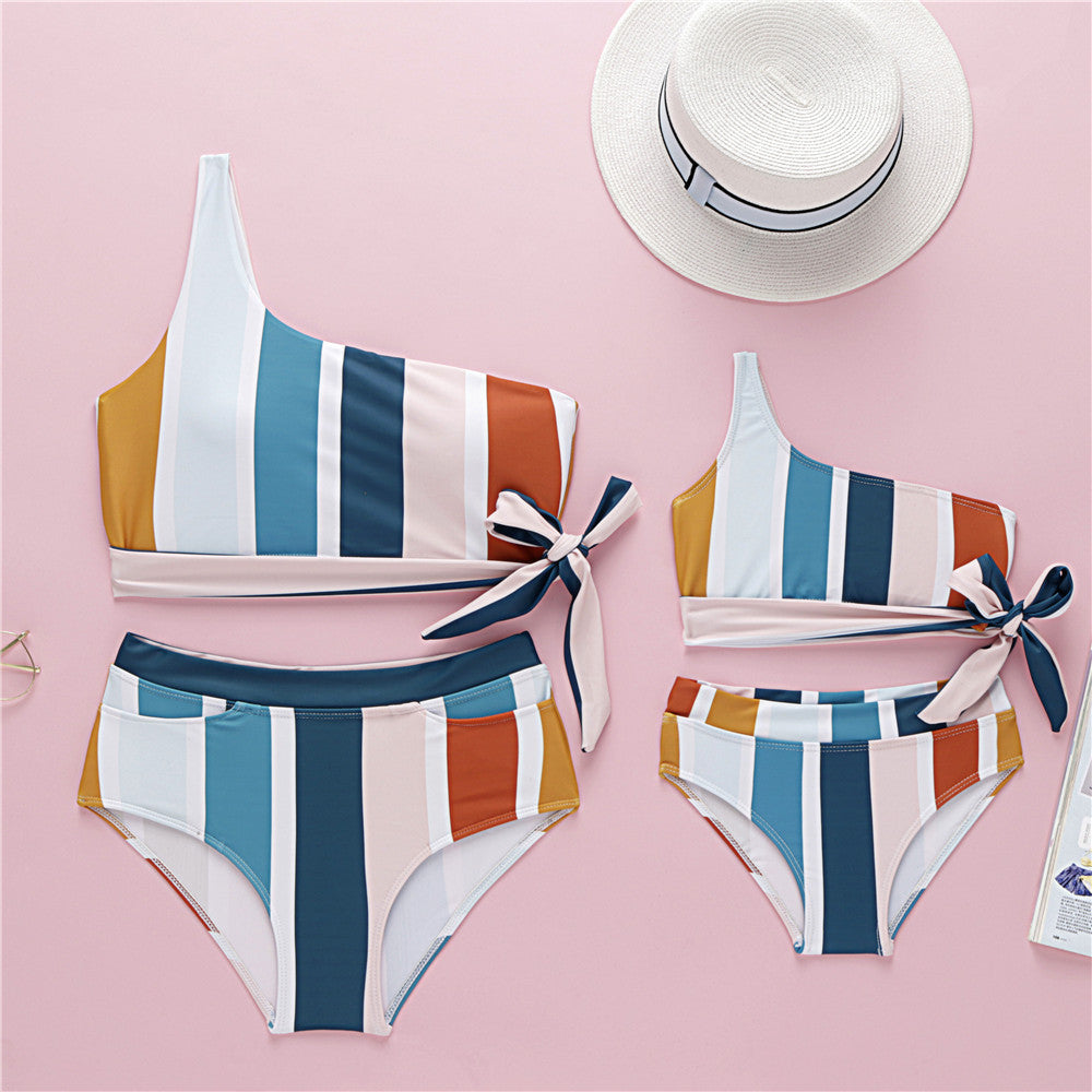 
                      
                        One-shoulder striped Mother & Daughter bikini
                      
                    