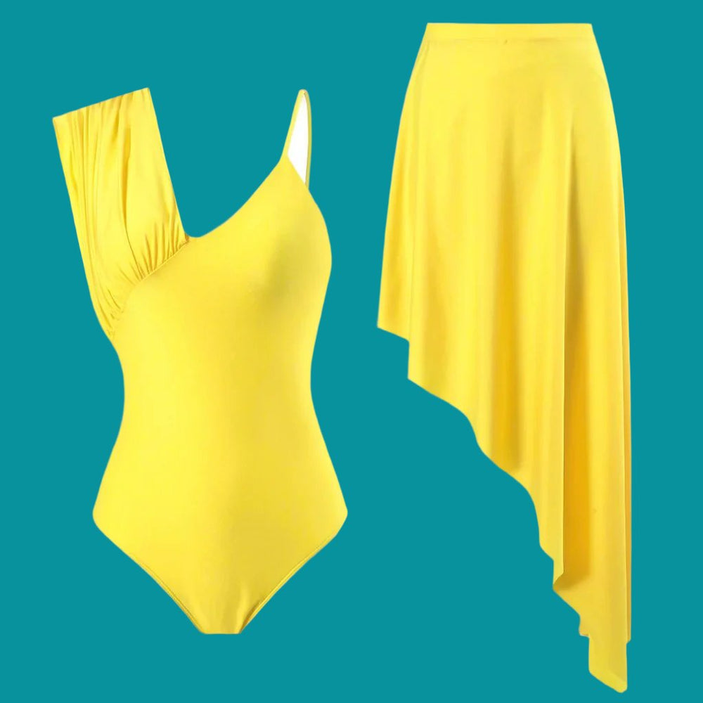 Yellow Flower One Piece Swimsuit with Skirt option